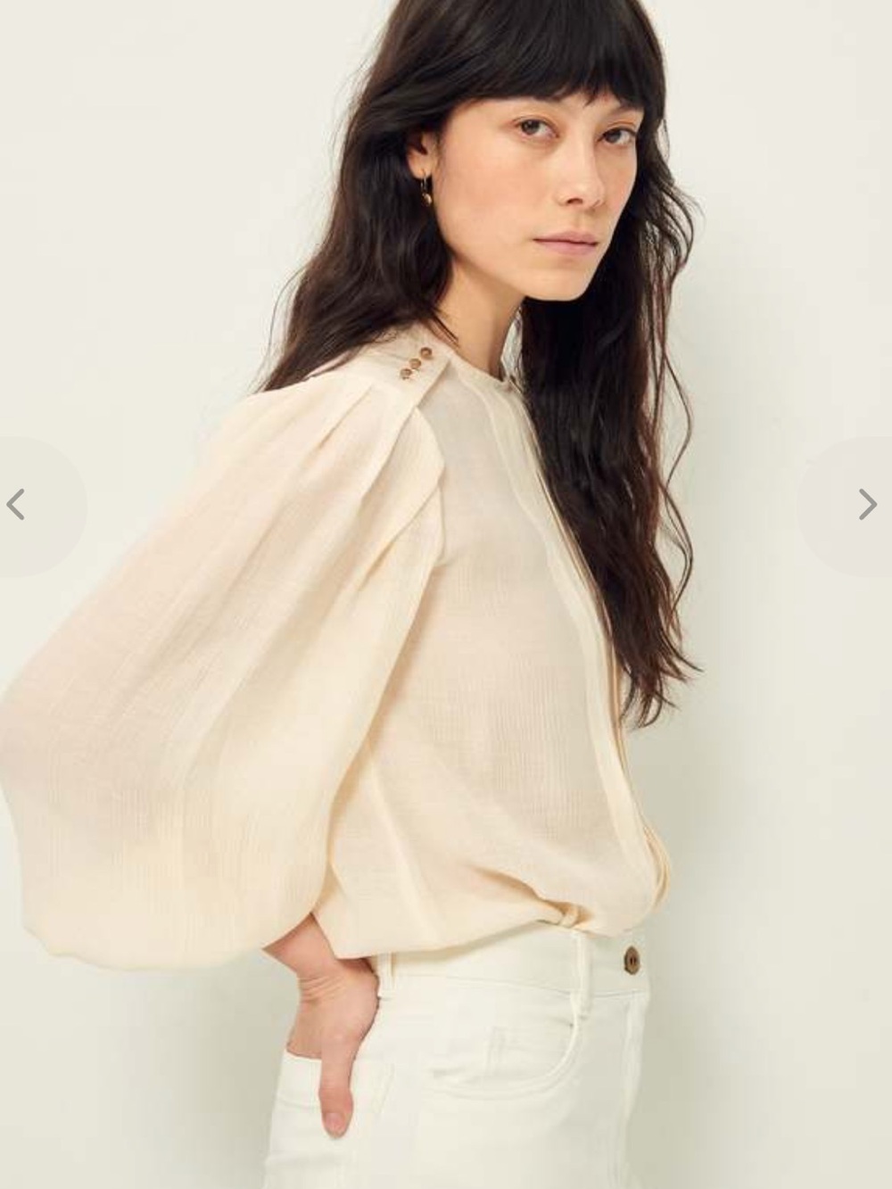 Sessun Puff-Sleeve Cream Luxury Blouse with Button Detail Womens Size Small